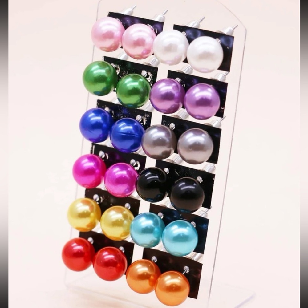 12 Pairs of Multi-color Faux Pearl, Glam, Boho, Bridal, Wedding Stud Earrings - Picture 3 of 6